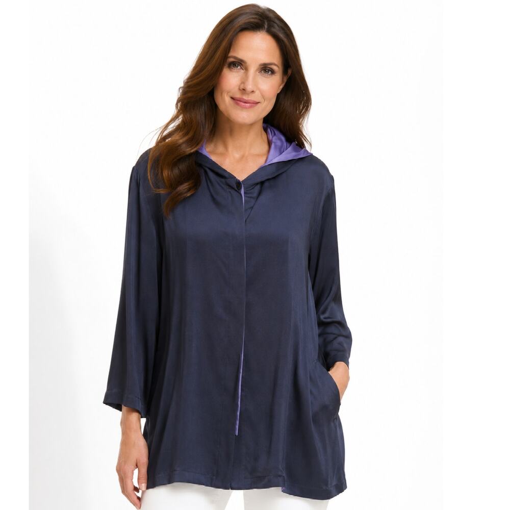 Doncaster 100% Silk Hooded Jacket Navy Purple Trim Women's Size 6 Lightweight